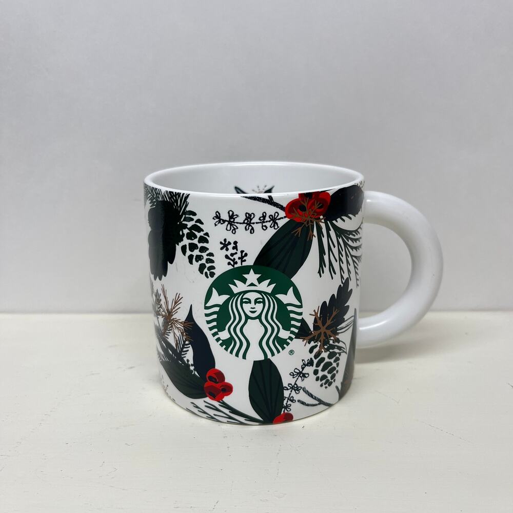 Starbucks Christmas Coffee Mug 2021 Green Pine Red Berries Holiday